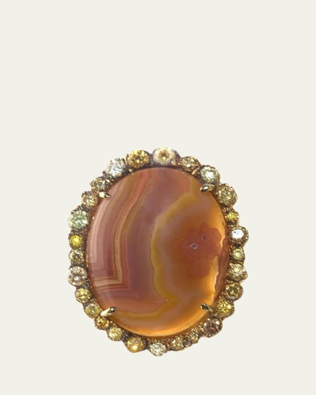 18K Yellow Gold Agate and Natural Colored Diamond Statement Ring